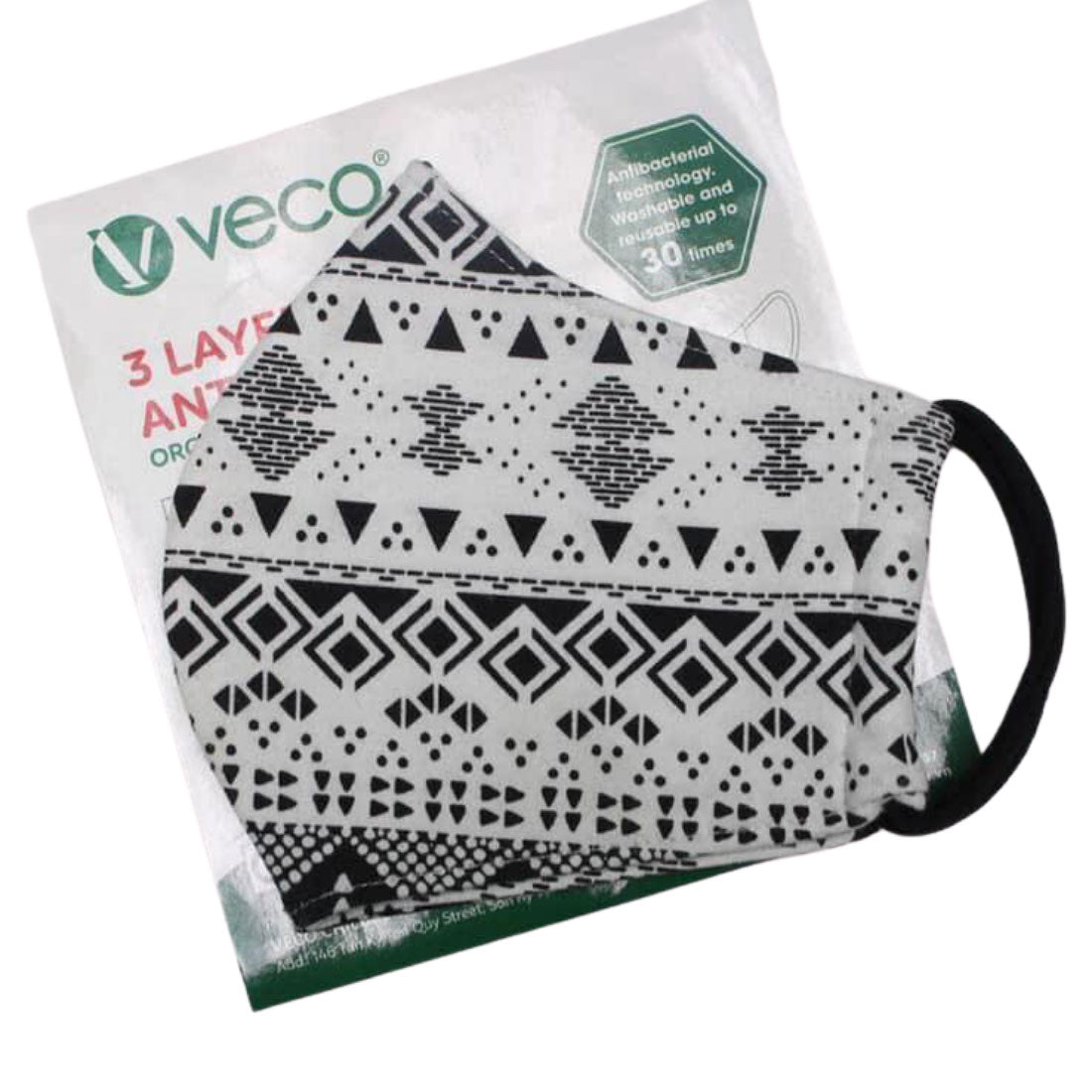 Washable Face Mask 3 layer Antimicrobial cloth Black & White Geometric