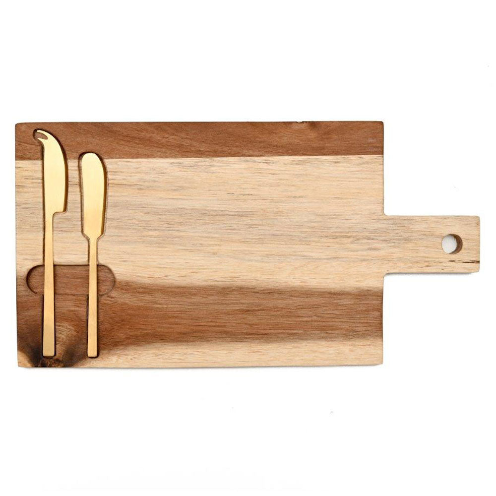 Cerve 3 Piece Cheese Set Acacia Board - 38 x 20cm Gold Cheese Knife Set ...