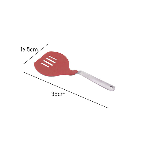 Measurements of Red Jumbo Pancake Slotted Turner with stainless steel handle