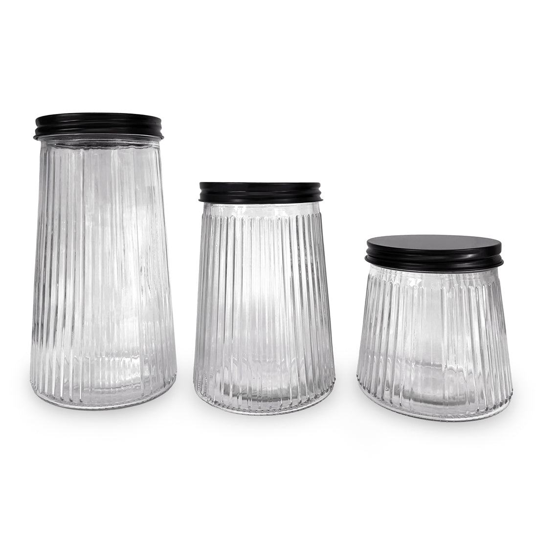 Classica Art Craft Ribbed Glass Storage Jars With Metal Lids Set of 3
