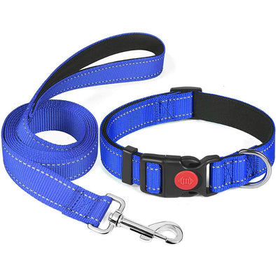 Furzone Blue Adjustable Reflective Nylon Dog Large Collar & Lead Set 