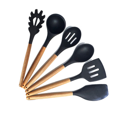 St. Clare 6 Piece Black silicone Utensil Set with Acacia Handle including spaghetti spoon, ladle, slotted spoon, solid spoon, slotted tuner and spatula