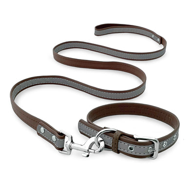 Furzone Extra Small Brown Reflective Vegan Leather Pet Collar & Lead Set 
