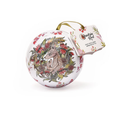 Banksia Red Christmas Kangaroo Bauble Tin <br>Contains 70 grams of handmade Rock Candy <br>Collectable Tin