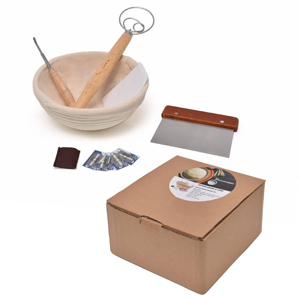 Brunswisk bakers 6 piece bread making set with one 23cm Round Banneton Proofing Basket, one Bread Lame, one Dough Scraper, one Linen Liner Cloth, one Dough Cutter and one Danish Whisk