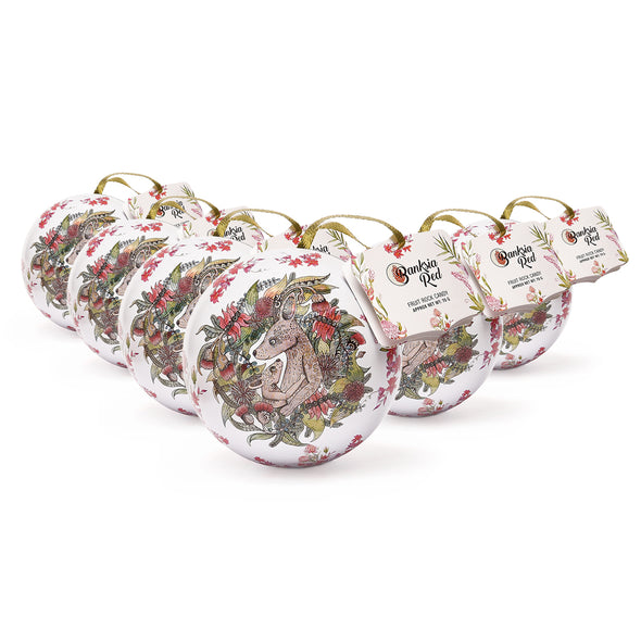 Banksia Red Set of 6 Christmas Kangaroo Bauble Tins <br>Contains 70 grams of handmade Rock Candy <br>Collectable Tin