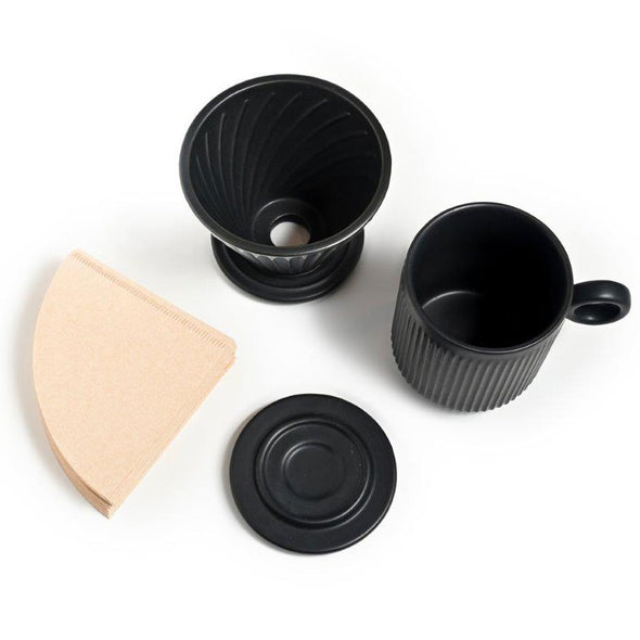 Coffee Culture black ceramic ribbed design mug and pour over set with paper filter  320ml Capacity 