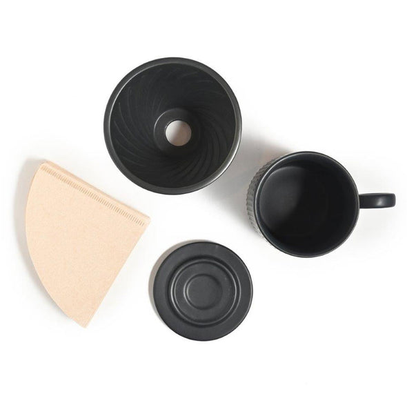 Coffee Culture black ceramic ribbed design mug and pour over set with paper filter  320ml Capacity 