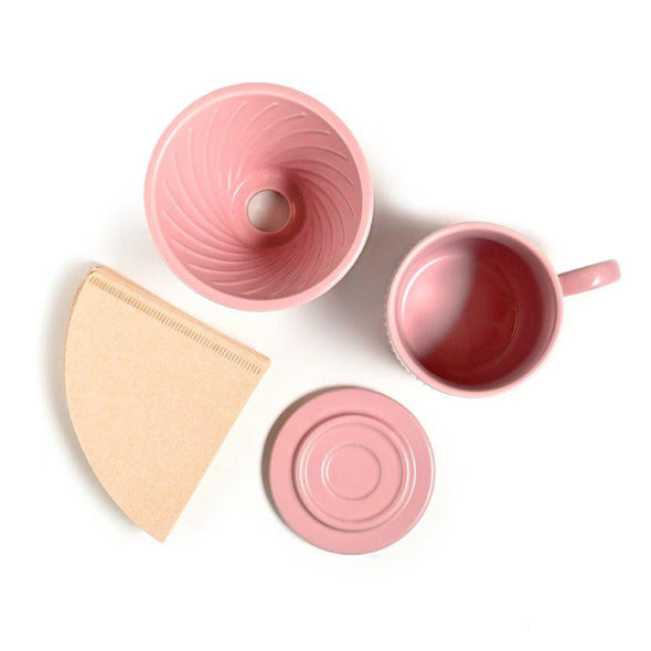 Coffee Culture pink ceramic ribbed design mug and pour over with paper filter set 320ml Capacity 