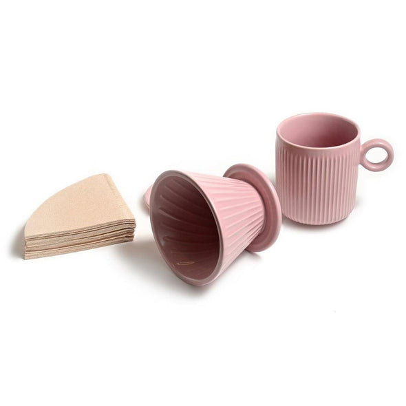 Coffee Culture pink ceramic ribbed design mug and pour over with paper filter set 320ml Capacity 