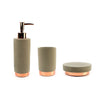 Natural Concrete Bathroom set with rose gold trim, including one Soap Dish, one Toothbrush Holder and one Soap Dispenser.