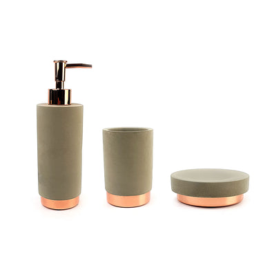 Natural Concrete Bathroom set with rose gold trim, including one Soap Dish, one Toothbrush Holder and one Soap Dispenser.