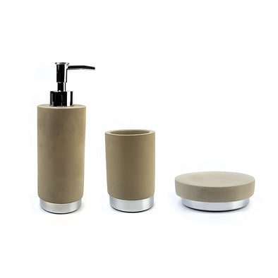 Natural Concrete Bathroom set with silver trim, including one Soap Dish, one Toothbrush Holder and one Soap Dispenser.