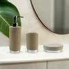 Picture of Natural Concrete set with silver trim in a bathroom, including one Soap Dish, one Toothbrush Holder and one Soap Dispenser