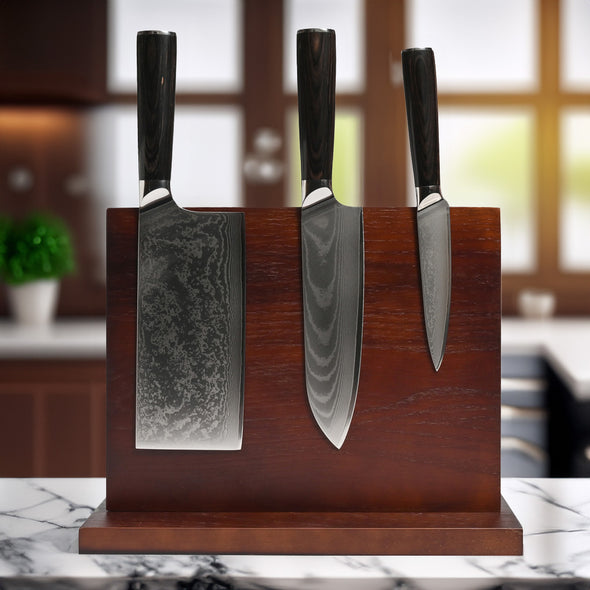 Professional Damascus 4 Piece Magnetic Knife Block Set <br>67 Layers Japanese Stainless Steel <br>Cleaver, Santoku & Utility