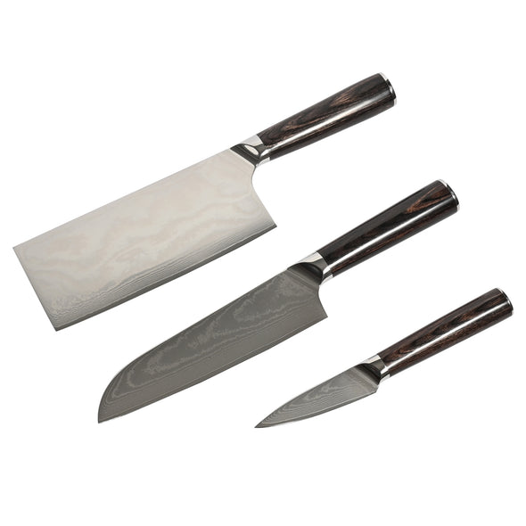Professional Damascus 3 Piece Knife Set <br>67 Layers Japanese Stainless Steel <br>Cleaver Knife, Santoku Knife & Paring Knife