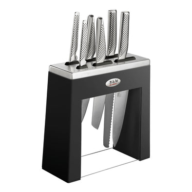 Global Kabuto Knife Block 7 piece Set, stainless steel knives and black block