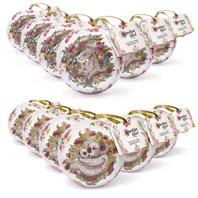 Banksia Red Set of 12 Christmas Koala & Kangaroo Bauble Tins <br>Contains 70 grams of handmade Rock Candy <br>Collectable Tin