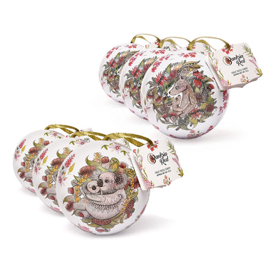 Banksia Red Set of 6 Christmas Koala & Kangaroo Bauble Tins Contains <br>70 grams of handmade Rock Candy <br>Collectable Tin