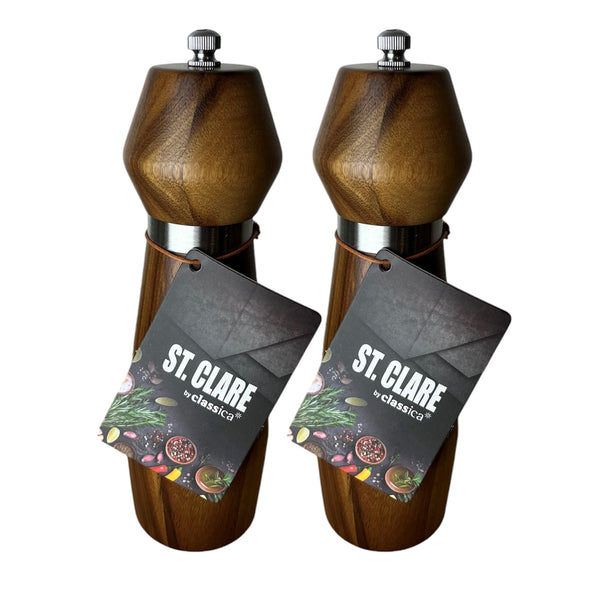 St Clare Salt & Pepper Grinder Set <br>18cm Acacia & Black & White Metal Bands <br>Set of 2