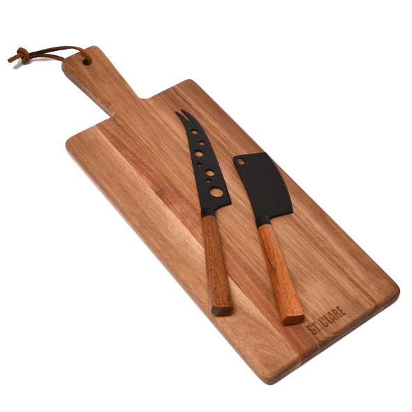 St Clare 3 Piece Cheese Board Set <br>1 x Acacia Board, 2 x Acacia & S/S Cheese Knives <br>Black Stainless Steel