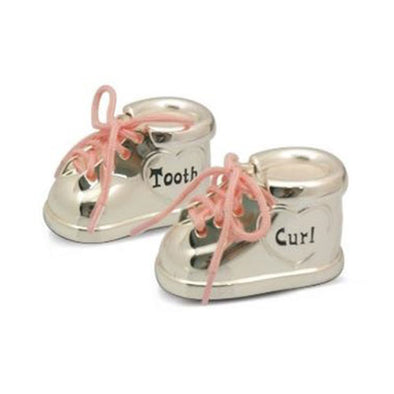 Silver plated First Tooth & Curl Box Baby Shoes with pink laces
