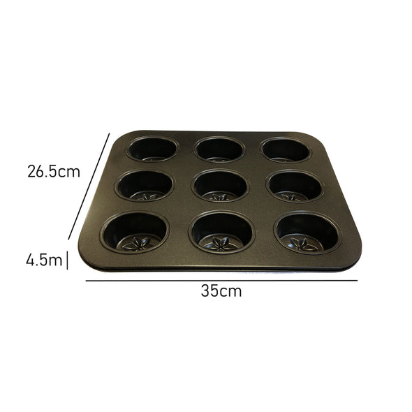 Friand 9 Cup Cake Tin with Flower Detail <br>Non Stick <br>Dimensions - 35 x 26.5 x 4.5cm