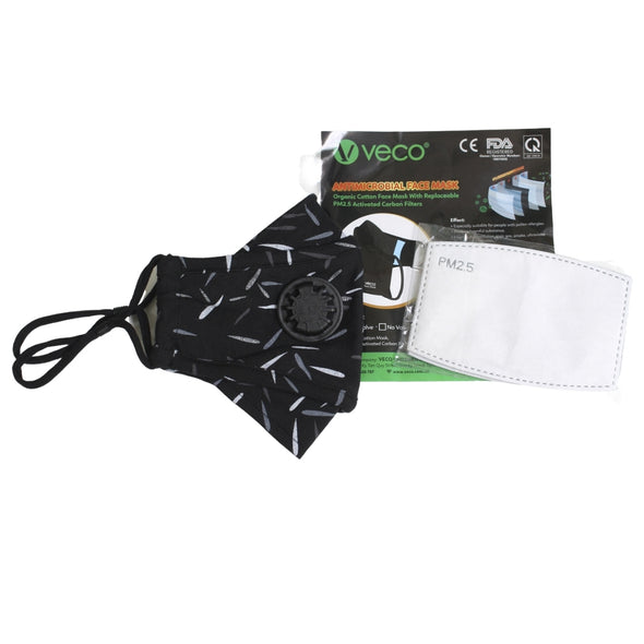 ADULT Washable Face Masks <br>3 layer ANTI-FOG FILTER & VALVE <br>Antimicrobial cloth fabric Black w/ Grey Lines