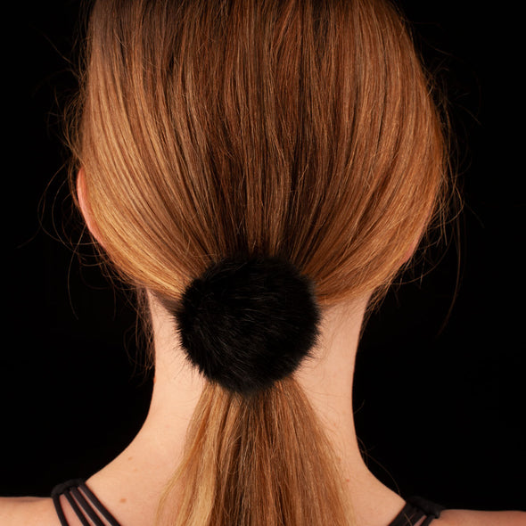 Faux Fur Pom Pom Hair Elastic <br>Black <br>5cm diameter