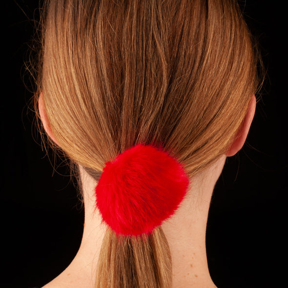 Faux Fur Pom Pom Hair Elastic <br>Red <br>5cm diameter