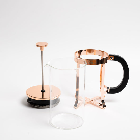 Coffee Culture Borosilicate Glass French press Plunger with Rose Gold heavy duty stainless steel lid and frame 3 cup 350ml