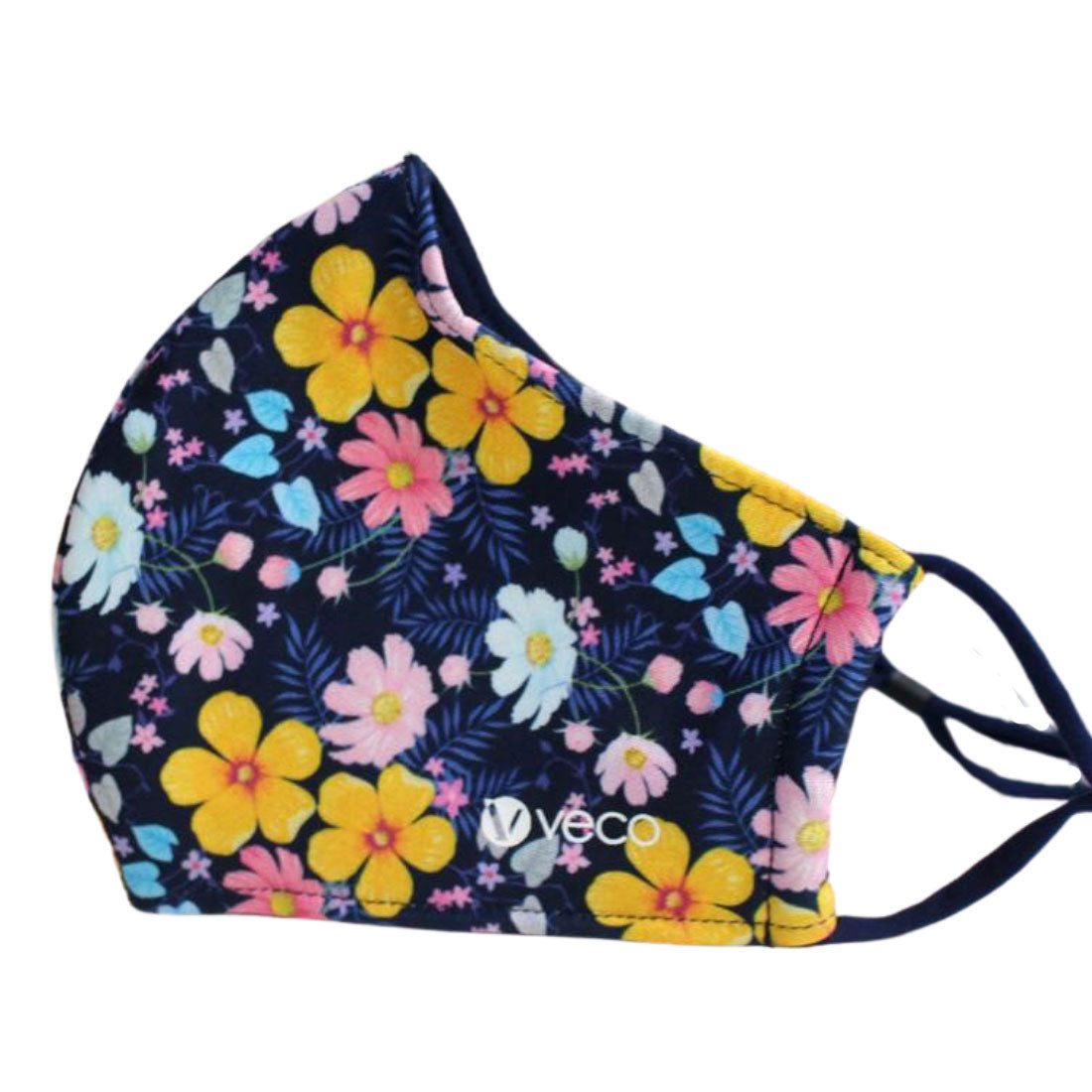 Washable Face Masks 3 layer Antimicrobial fabric Navy Spring Garden