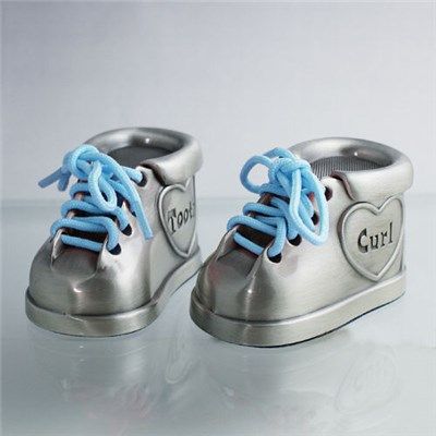 Pewter Finish First Tooth & Curl Box Baby Shoes with blue laces