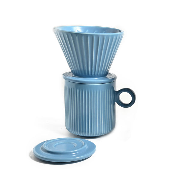 Coffee Culture blue ceramic ribbed design mug and pour over set 320ml Capacity 