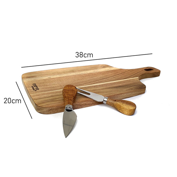 Measurement of Cerve 3 Piece Cheese Set including 1 Acacia Board, 1 Acacia & Stainless Steel Cheese Knife and 1 Acacia & Stainless Steel Cheese Knife
