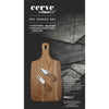 Packaging of Cerve 3 Piece Cheese Set including 1 Acacia Board, 1 Acacia & Stainless Steel Cheese Knife and 1 Acacia & Stainless Steel Cheese Knife