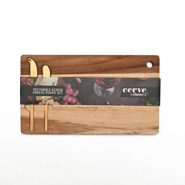 Cerve 3 Piece Cheese Set with an Acacia Board and a setof 2 Gold Cheese Knife.