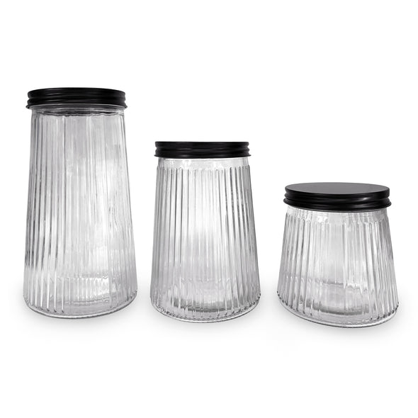 Classica Art Craft Set of 3 Ribbed Glass Storage Jars With Metal Lids