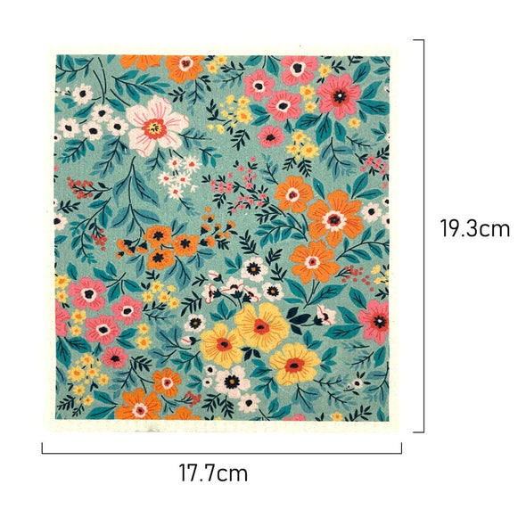 Measurments of Biodegradable Swedish Dish Cloth with Aqua Spring Garden Floral pattern