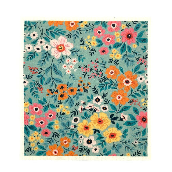 Biodegradable Swedish Dish Cloth with Teal Spring Garden Floral pattern