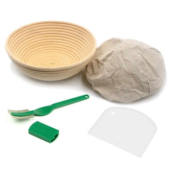 Brunswisk bakers 4 piece bread making set with one 23cm Round Banneton Proofing Basket, one Bread Lame, one Dough Scraper, and Linen Liner Cloth