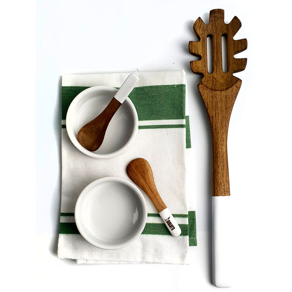 Bialetti 7 Piece Pasta Essential Set including: 1 Natural Acacia Wood Spaghetti Spoon, 2 Small Natural Acacia Wood Spaghetti Spoons, 2 Ceramic Pinch Bowls, Kitchen Tea Towel Bialetti and Pasta Recipe Book