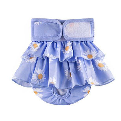 Furzone Small Blue Reusable Washable Female skirt Dog Diaper with Daisy pattern for 30 to 45cm waistine