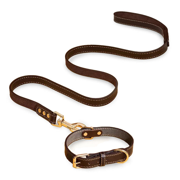 Furzone Brown Medium Vegan Leather Dog Collar & Lead Set
