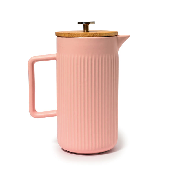 Coffee Culture pink ribbed patterned ceramic coffee plunger french press with bamboo lid 8 cup 1200ml
