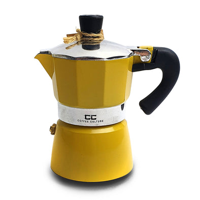 Coffee Culture yellow stove top coffee maker 1 espresso cup