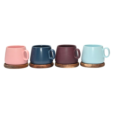 Coffee Culture set of 4 Matte Colour coffee and tea Cups with bamboo Coasters 250ml