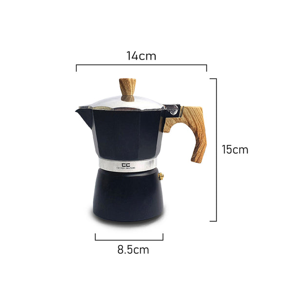 Measurements of Coffee Culture Black stove top coffee maker 3 espresso cup