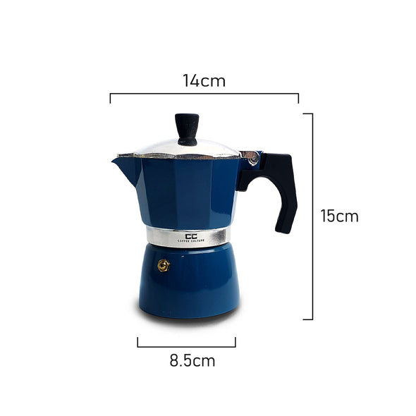 Measurements of Coffee Culture Blue stove top coffee maker 3 espresso cup