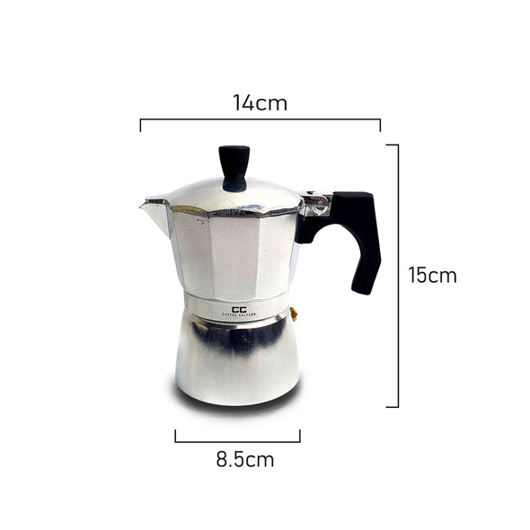 Measurement of Coffee Culture silver stove top coffee maker 3 espresso cup